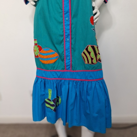 Vintage Southern Image Teal Blue Embroidered Embellished Art To Wear Dress L - Picture 3 of 15